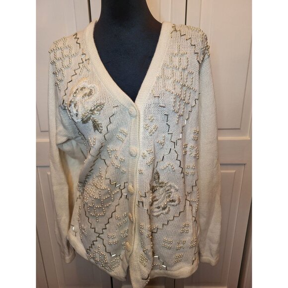 Vintage 90's/Y2K White/Silver Beaded Cardigan S Pearls Cottage Fairy Feminine - Picture 1 of 9